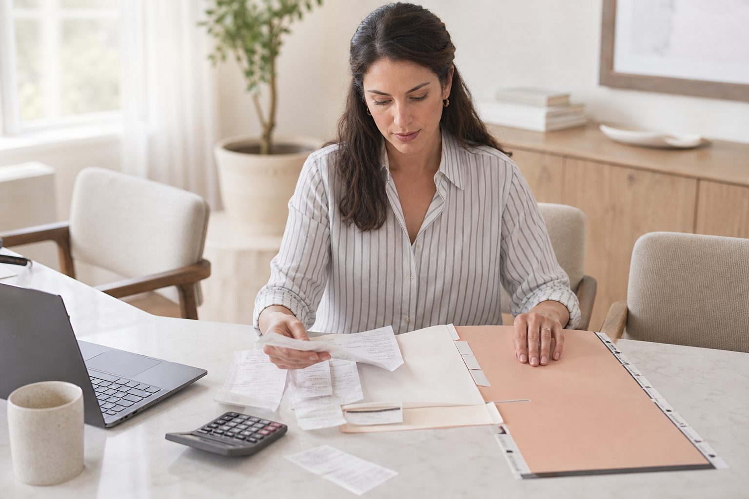 Receipts, a mileage log and a laptop laid out for tax preparation on a bright white table