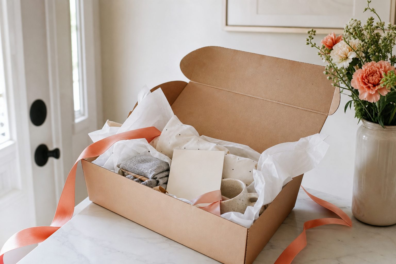 A newly opened starter kit box with tissue paper and a welcome card on a bright entry table