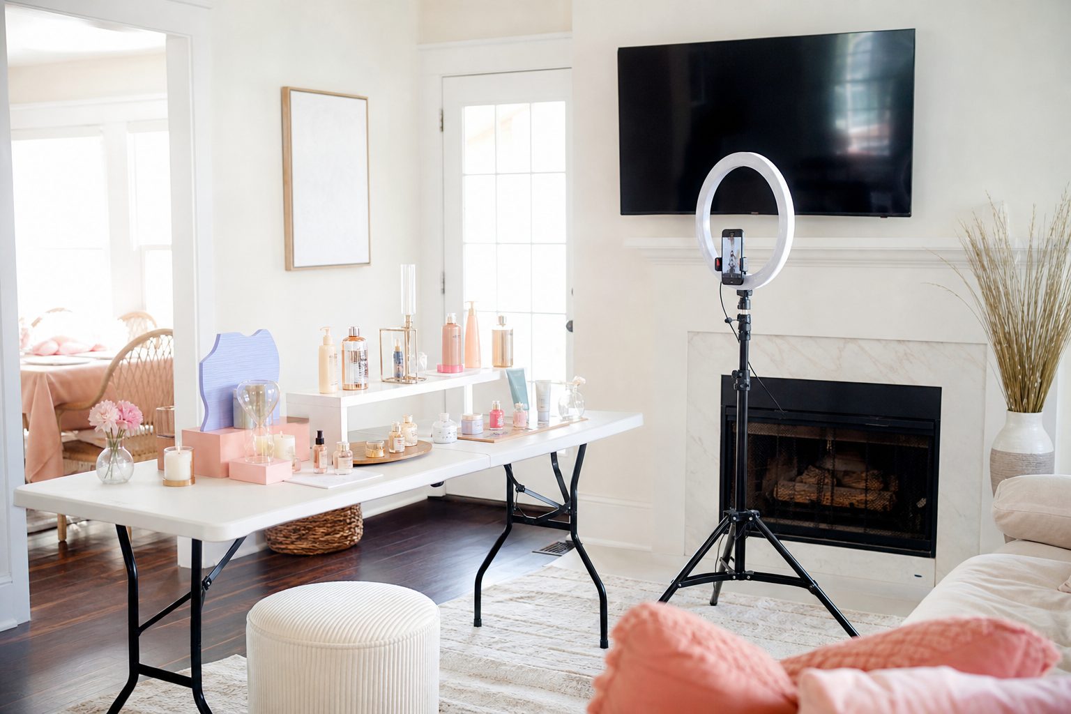 A light filled living room arranged for both an in person party and a livestream with ring light and phone