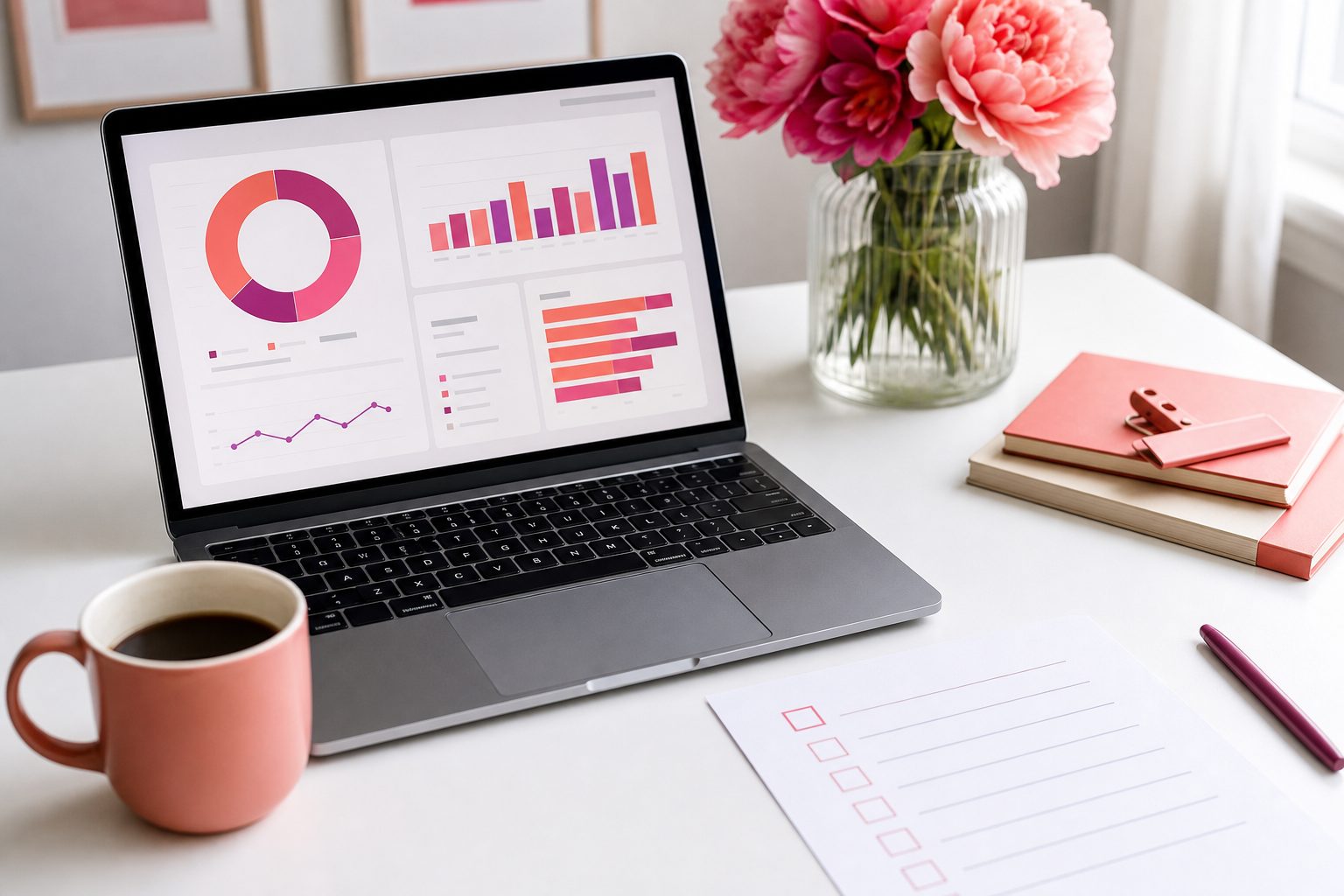 A bright Monday morning desk with a laptop dashboard, coffee and a printed weekly checklist