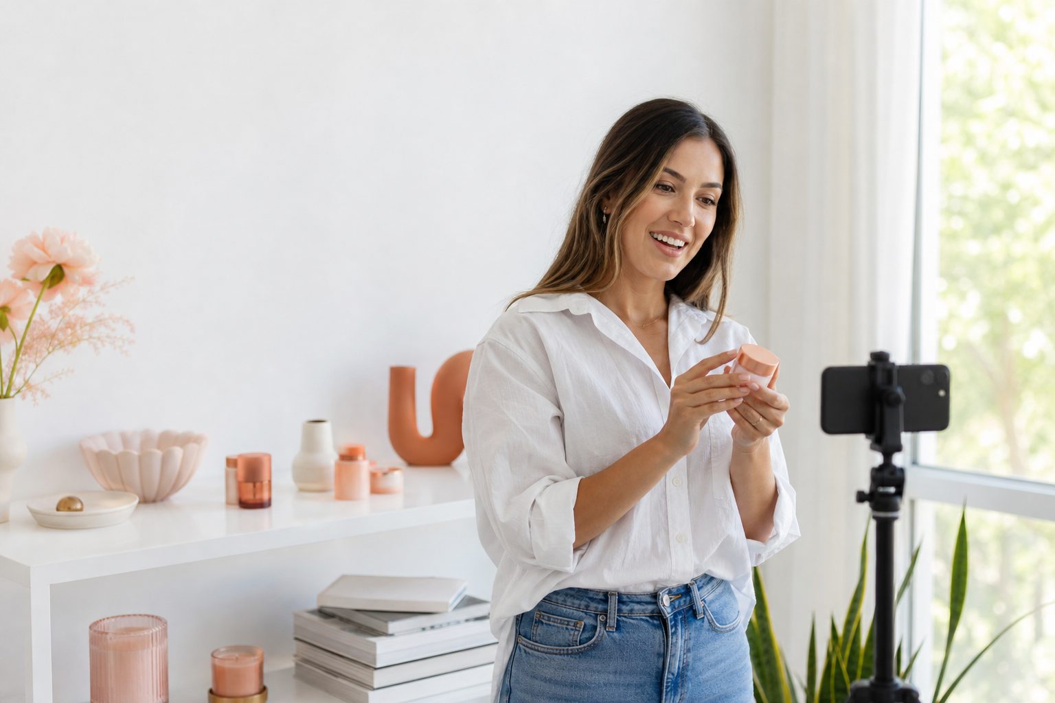 A seller filming a short product video on a phone tripod in a bright white styled room