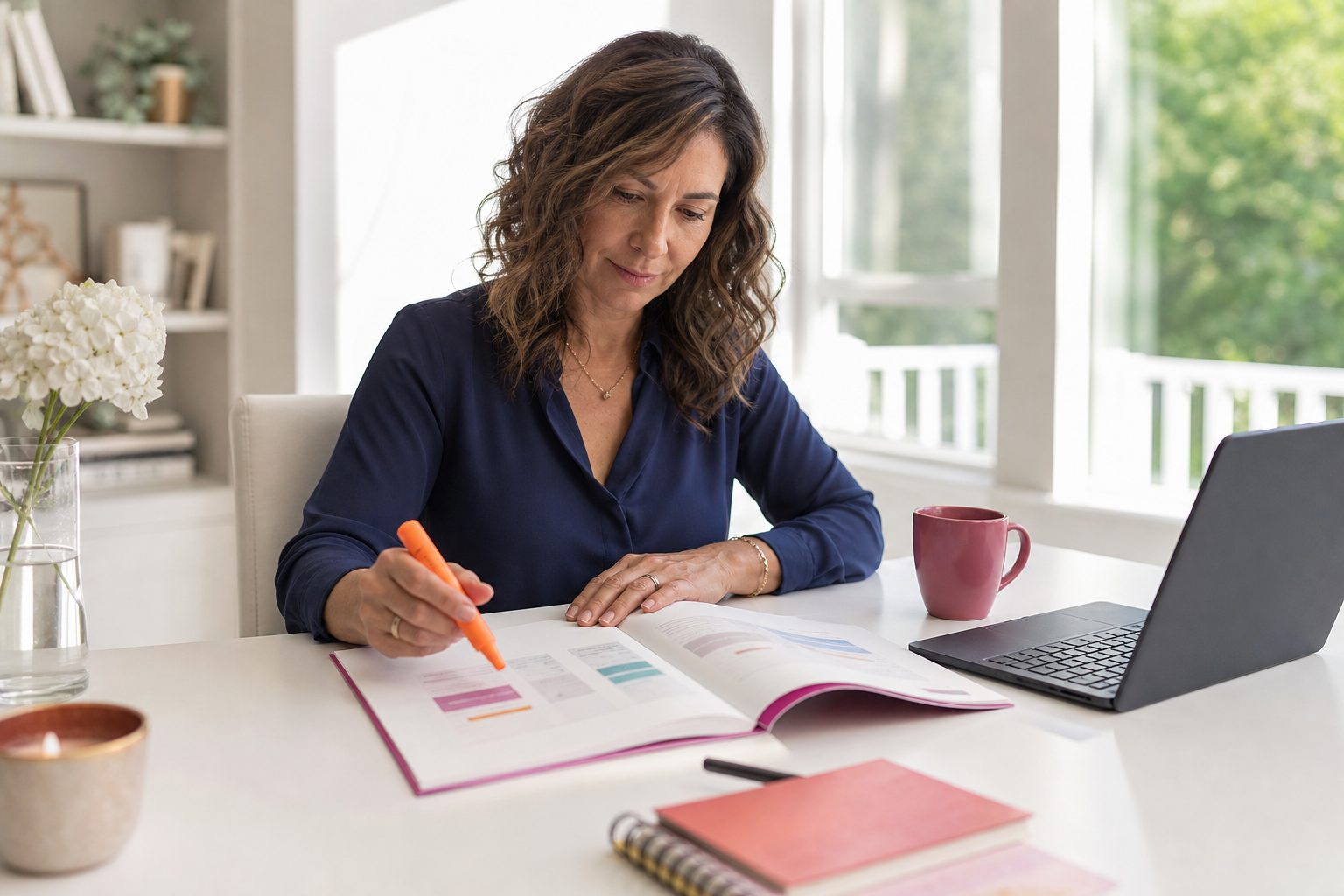 A direct sales leader highlighting a printed compensation plan booklet at a sunlit white desk