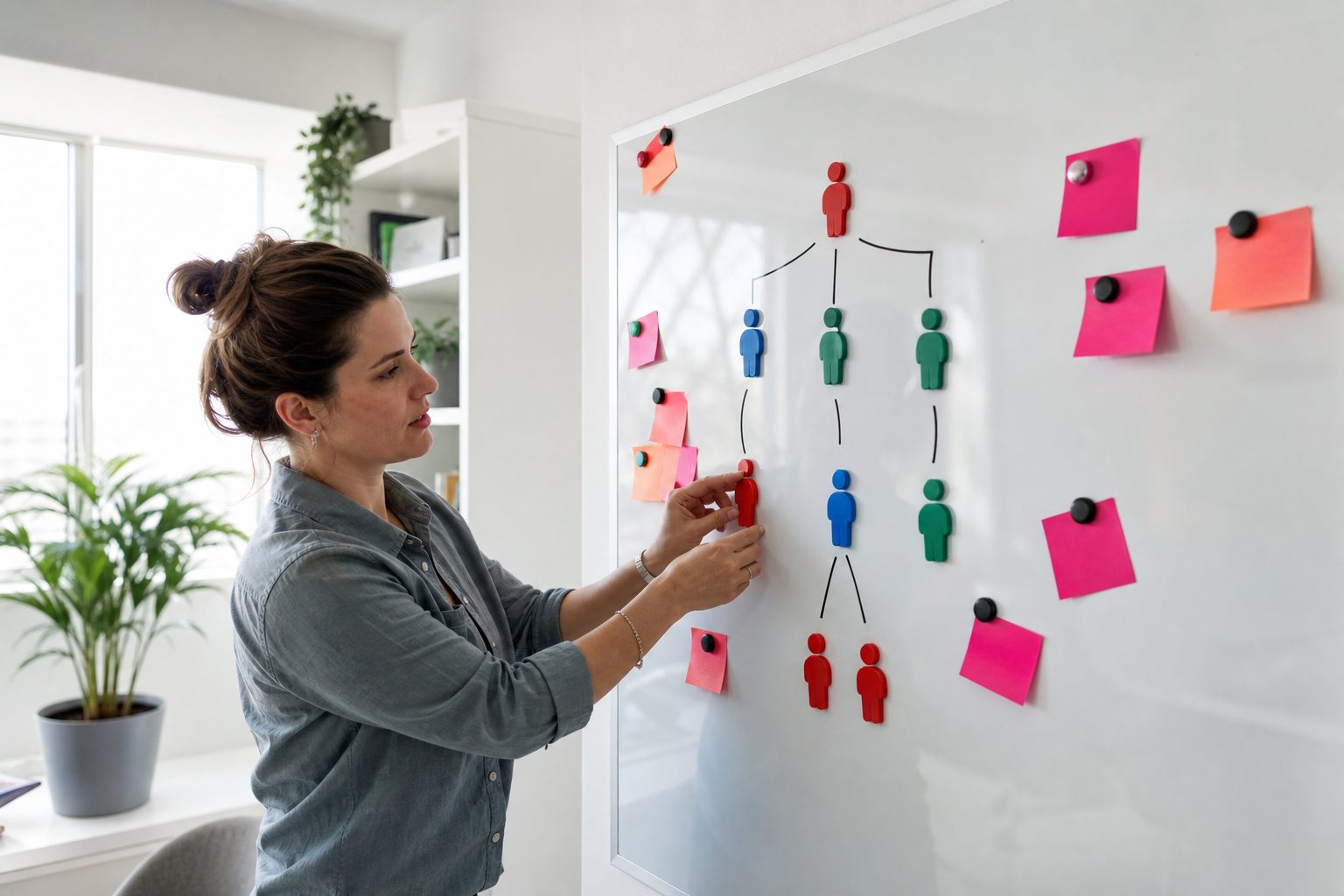A leader mapping a growing team structure with sticky notes on a whiteboard in a bright home office