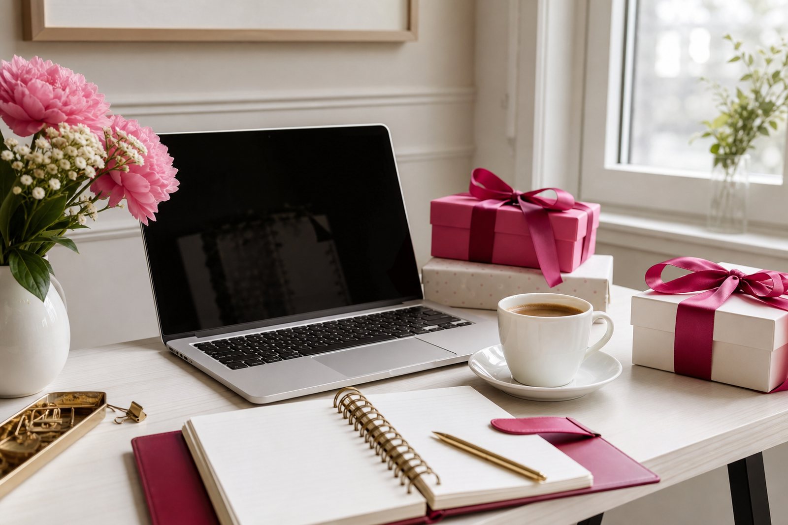 Bright home office desk with a laptop, a planner, ribbon tied gift boxes and a coffee cup in warm daylight